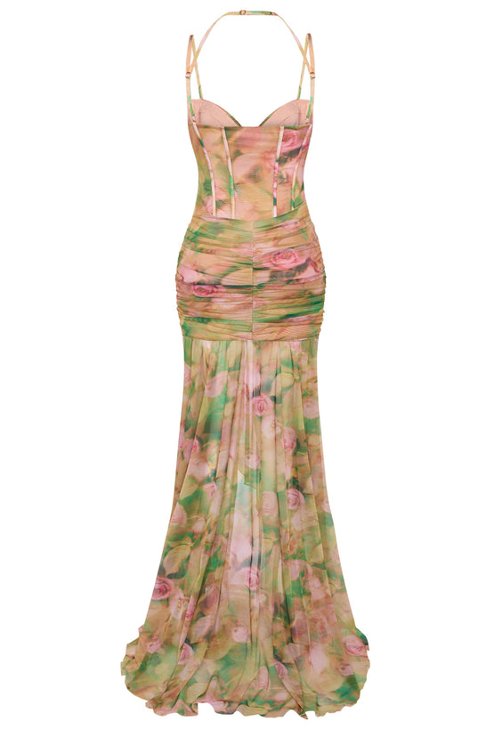 Ruched Asymmetric Corset Gown in Floral Multi Print