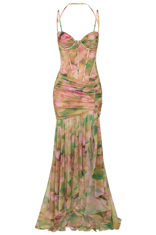 Ruched Asymmetric Corset Gown in Floral Multi Print