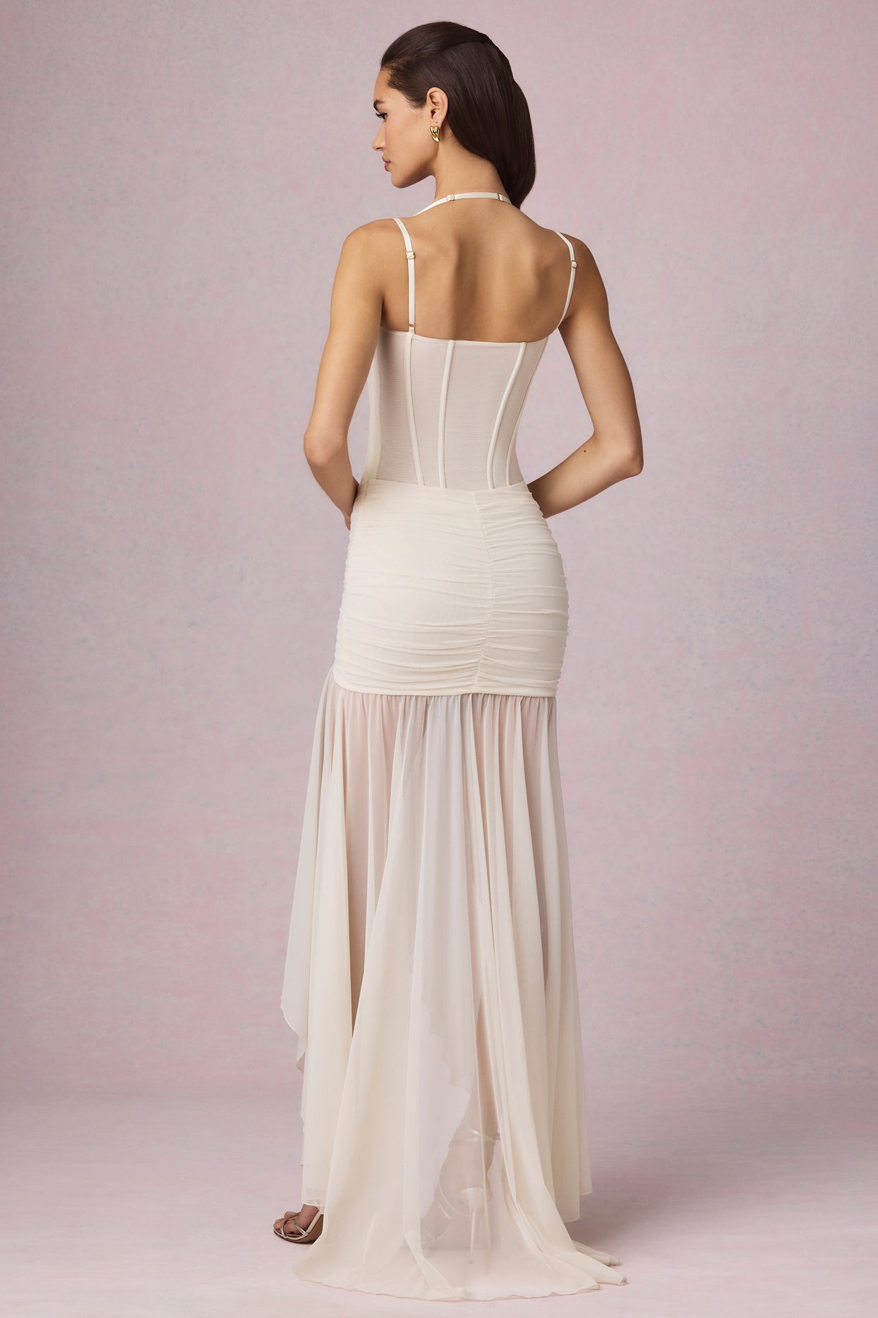 Ruched Asymmetric Corset Gown in Ivory - 6