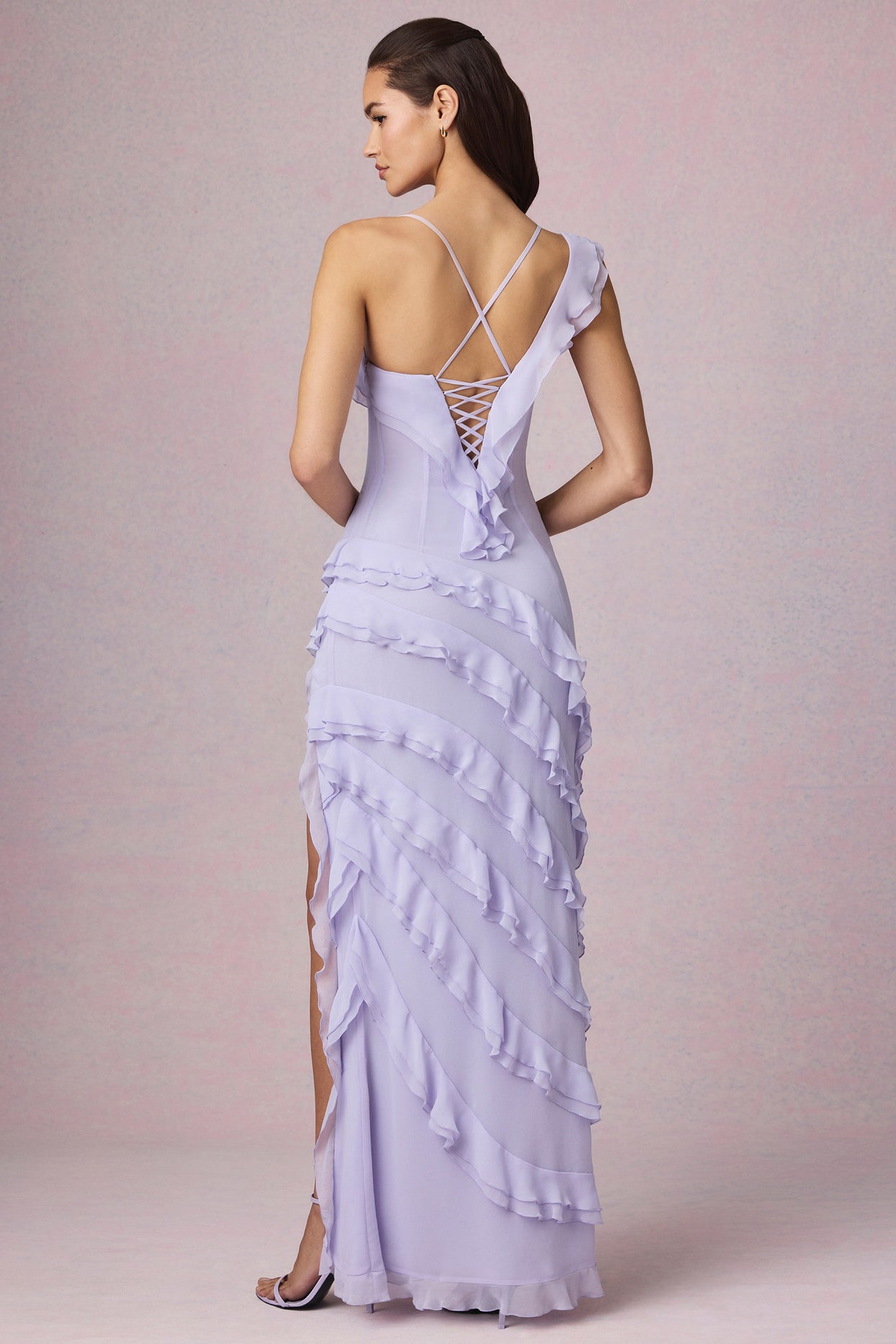 Asymmetric Ruffled Lace-Up Gown in Lilac - 3