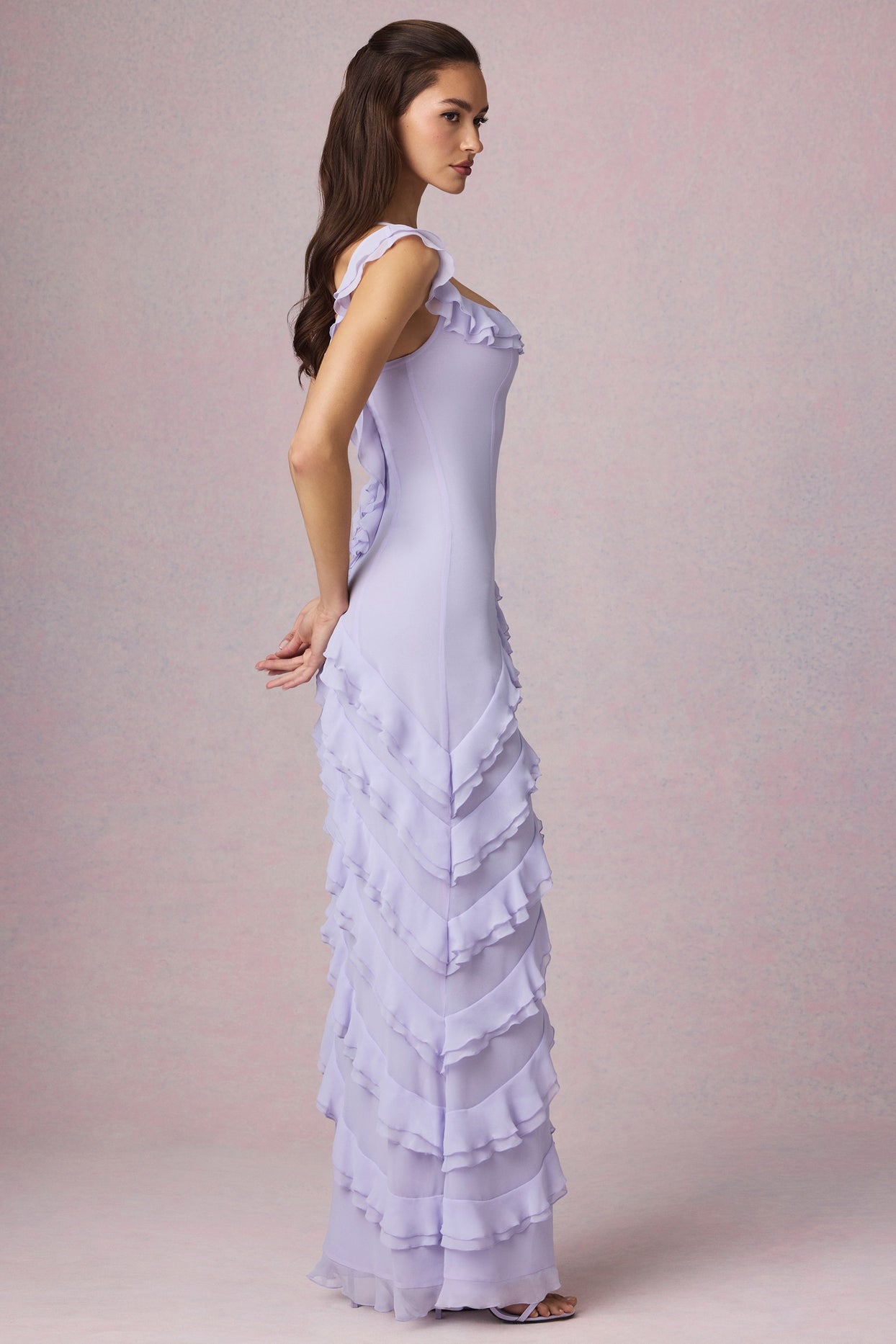 Asymmetric Ruffled Lace-Up Gown in Lilac - 5