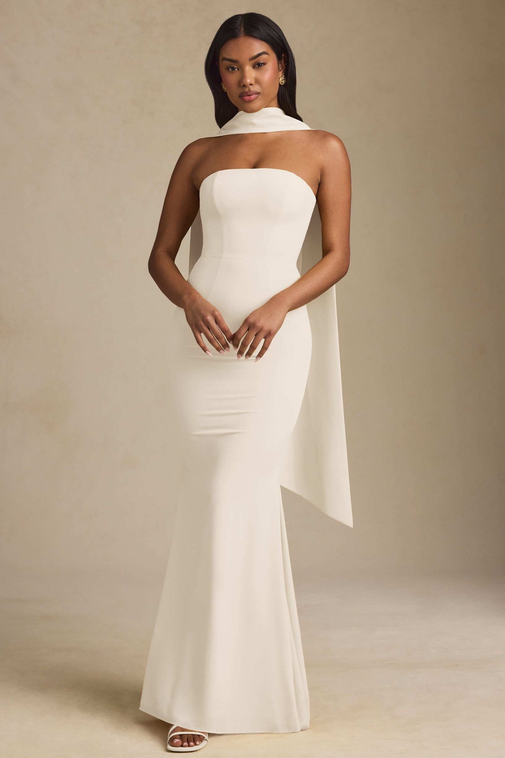 Scarf-Detail Strapless Gown in Ivory - 1