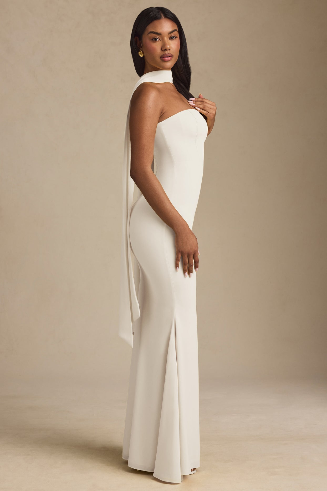Scarf-Detail Strapless Gown in Ivory - 3