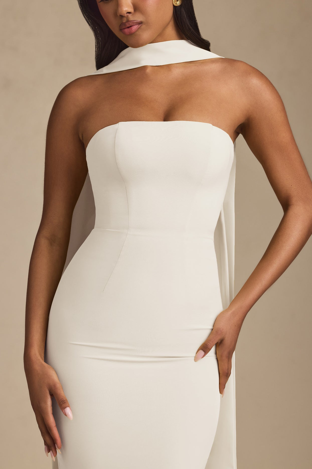 Scarf-Detail Strapless Gown in Ivory - 4