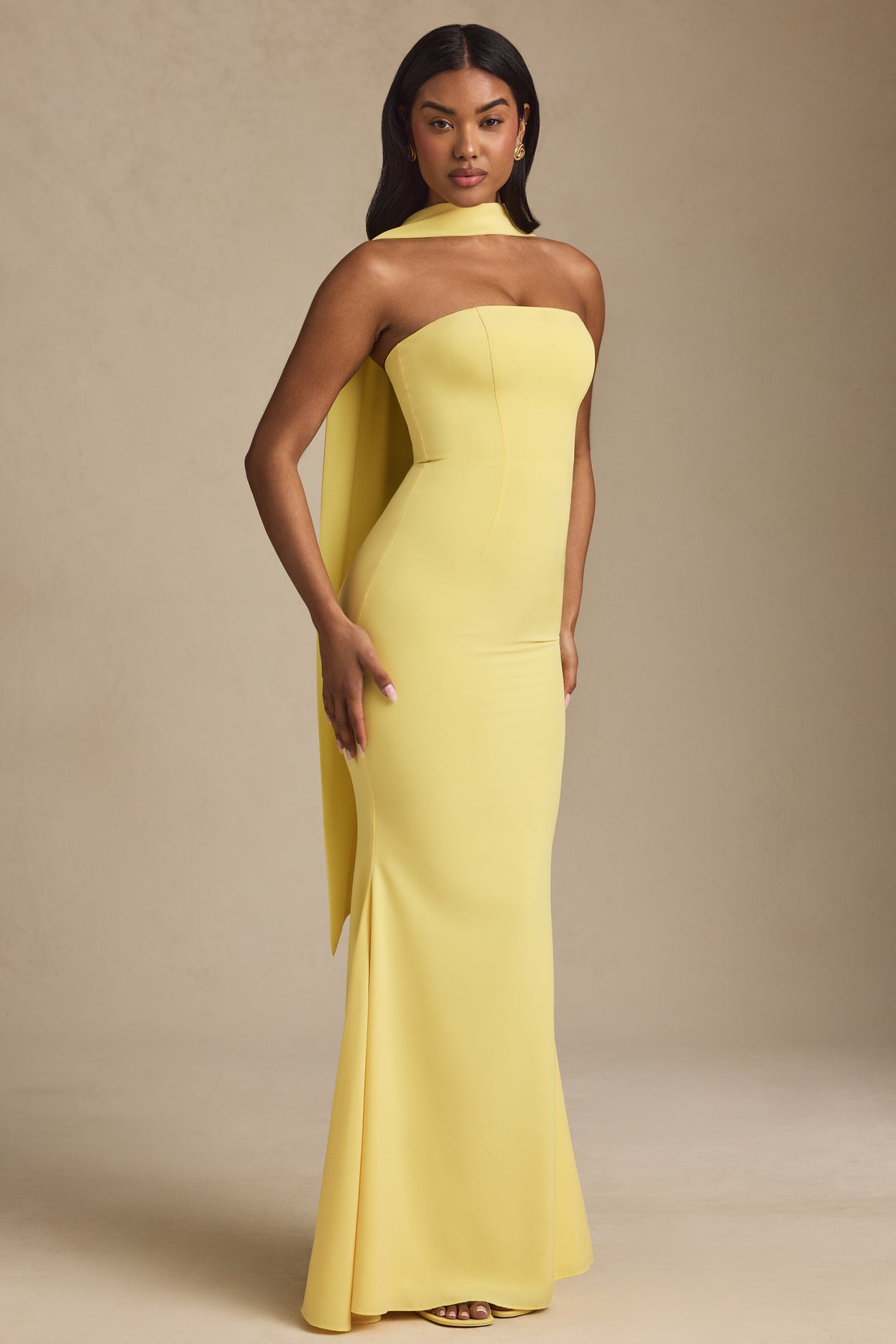 Scarf-Detail Strapless Gown in Pastel Yellow - 1