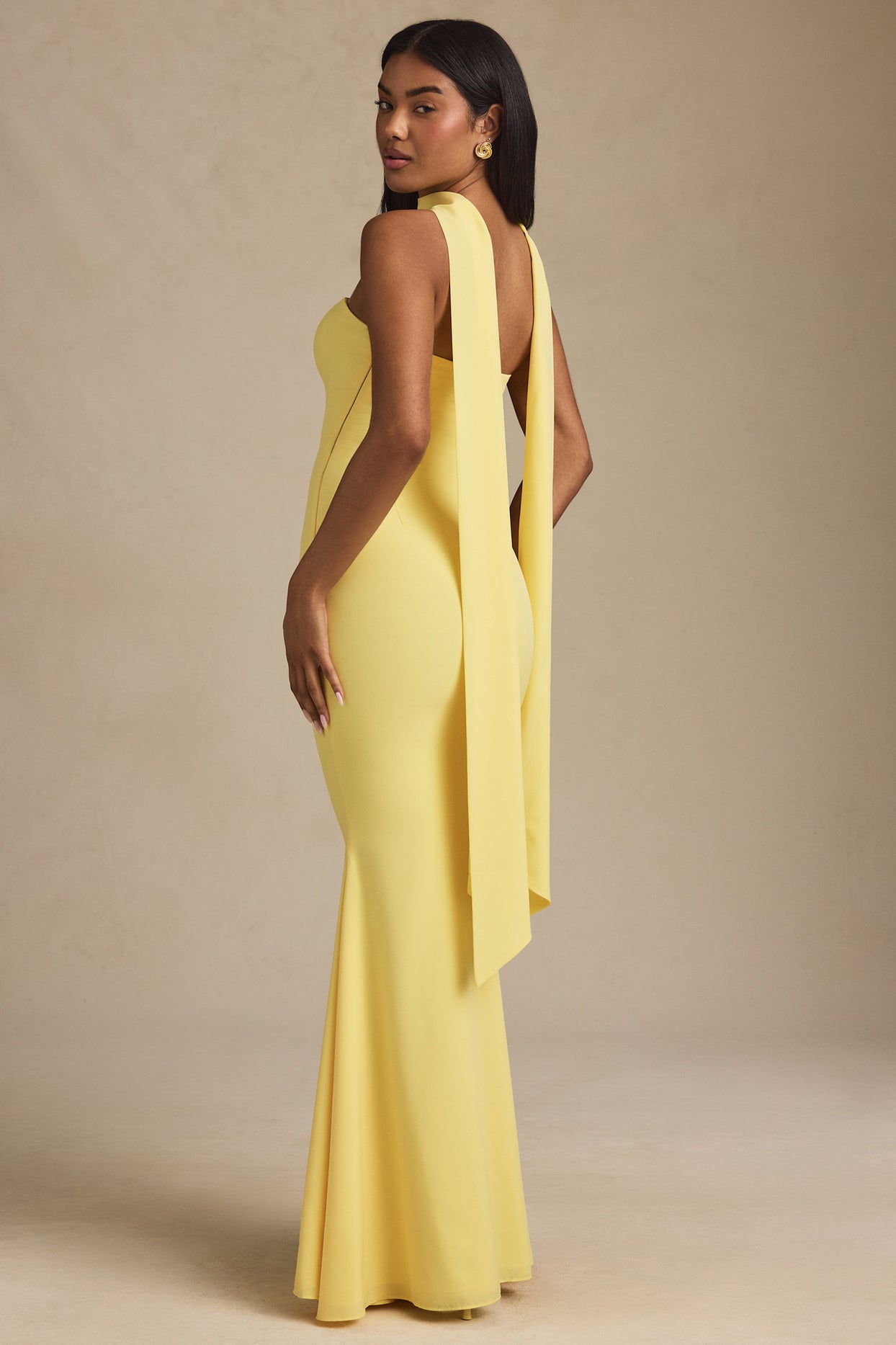 Scarf-Detail Strapless Gown in Pastel Yellow - 2