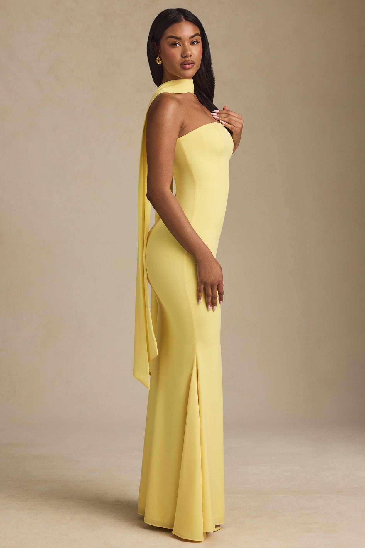 Scarf-Detail Strapless Gown in Pastel Yellow - 3