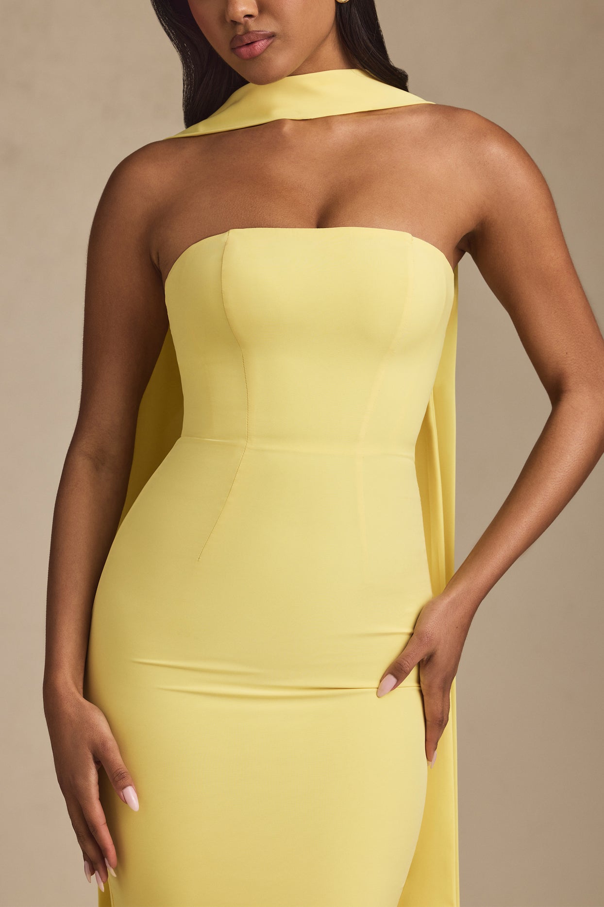 Scarf-Detail Strapless Gown in Pastel Yellow - 4