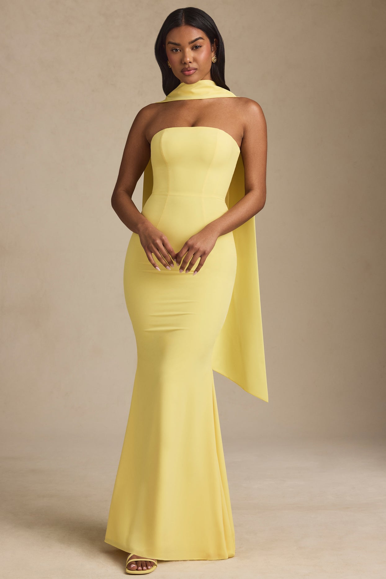 Scarf-Detail Strapless Gown in Pastel Yellow - 5