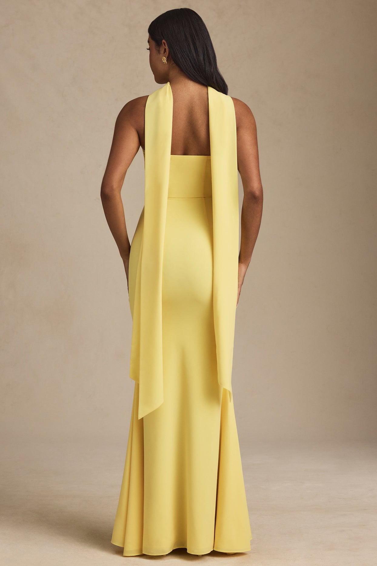 Scarf-Detail Strapless Gown in Pastel Yellow - 6