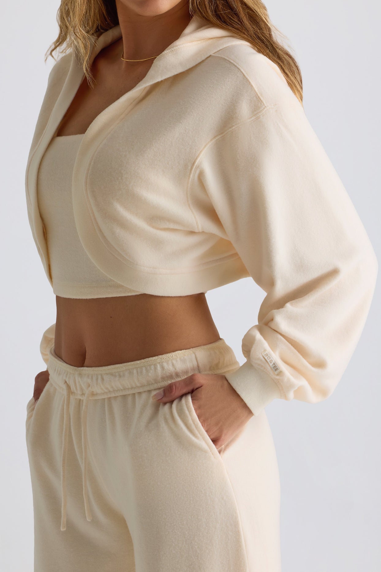 Brushed Jersey Hooded Cropped Shrug in Ecru - 5