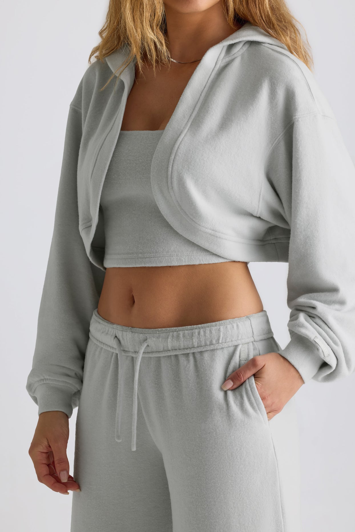 Brushed Jersey Hooded Cropped Shrug in Fog Grey - 5