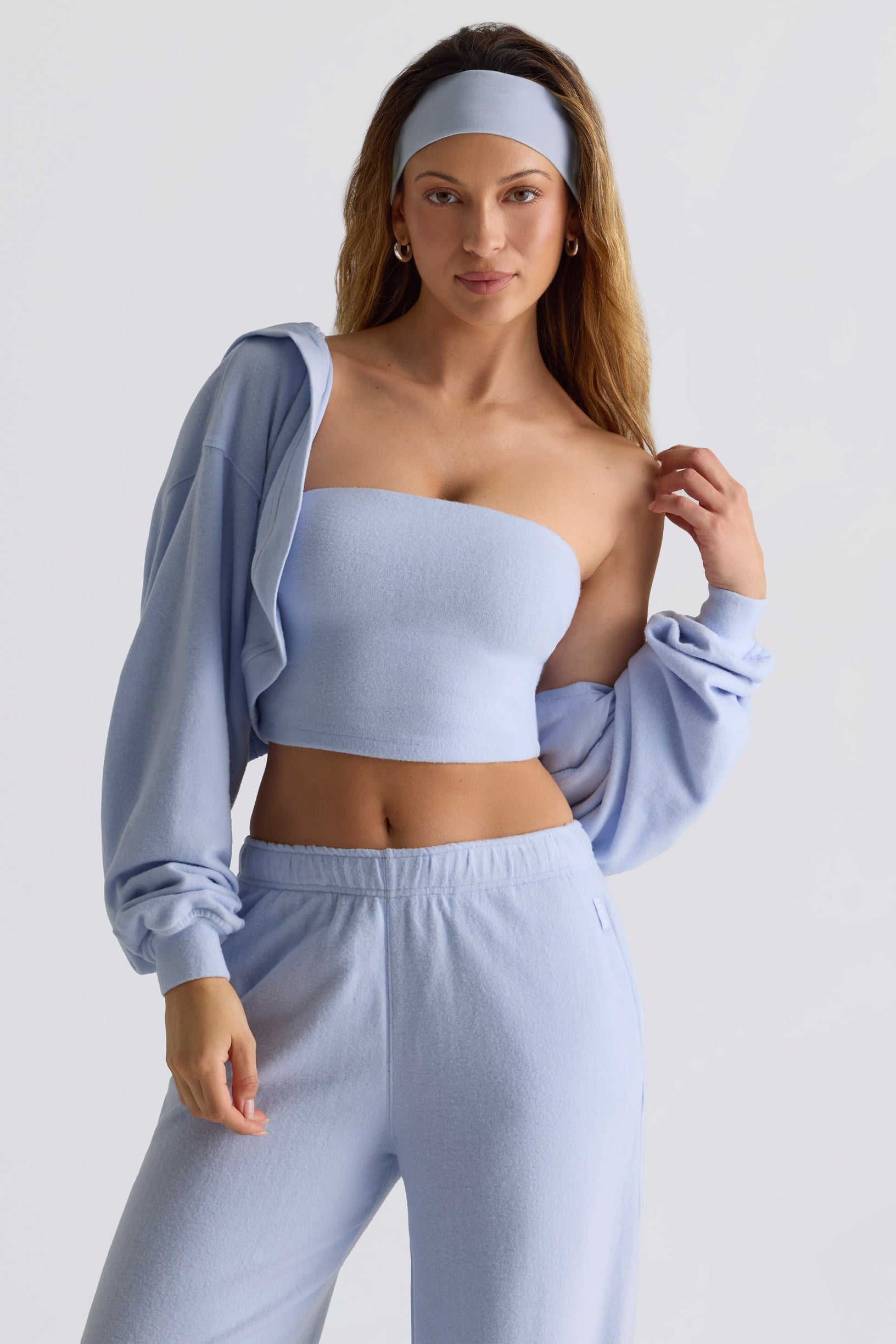 Brushed Jersey Hooded Cropped Shrug in Soft Blue - 1