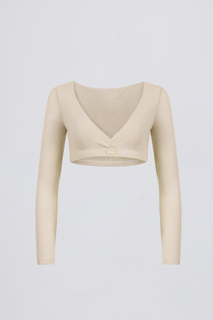Brushed Jersey Wrap Crop Top in Ecru