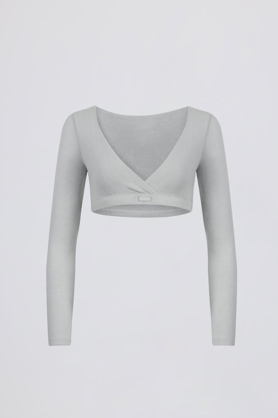 Brushed Jersey Wrap Crop Top in Fog Grey