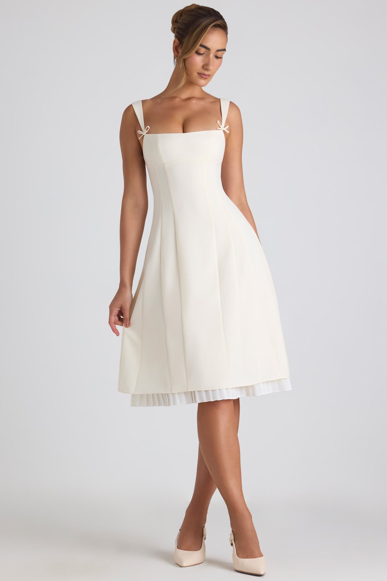 Bow-Detail Pleated A-Line Midi Dress in Ivory - 1