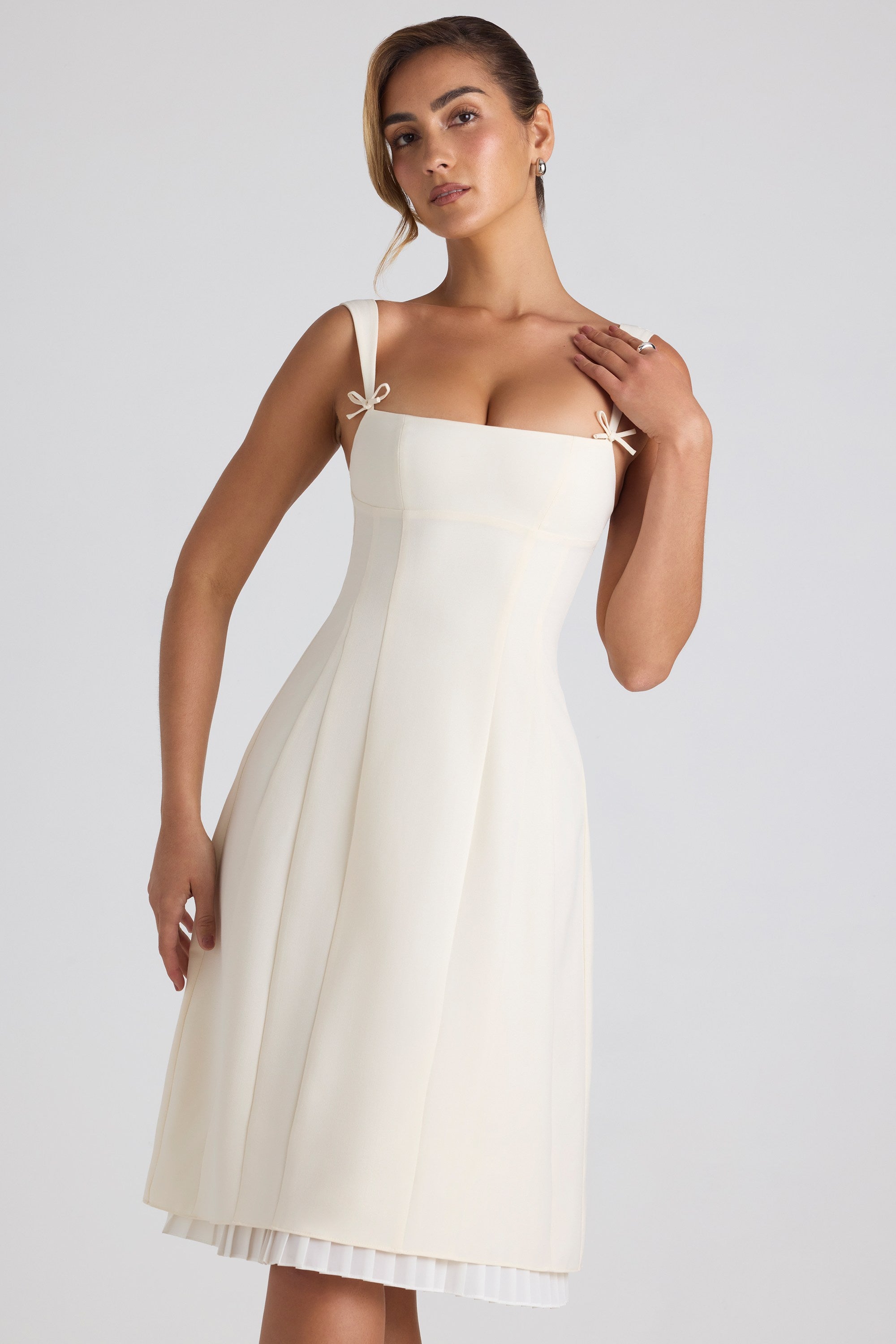 Rosette Embellished Corset Tulle Skirt Midi Dress in Blush