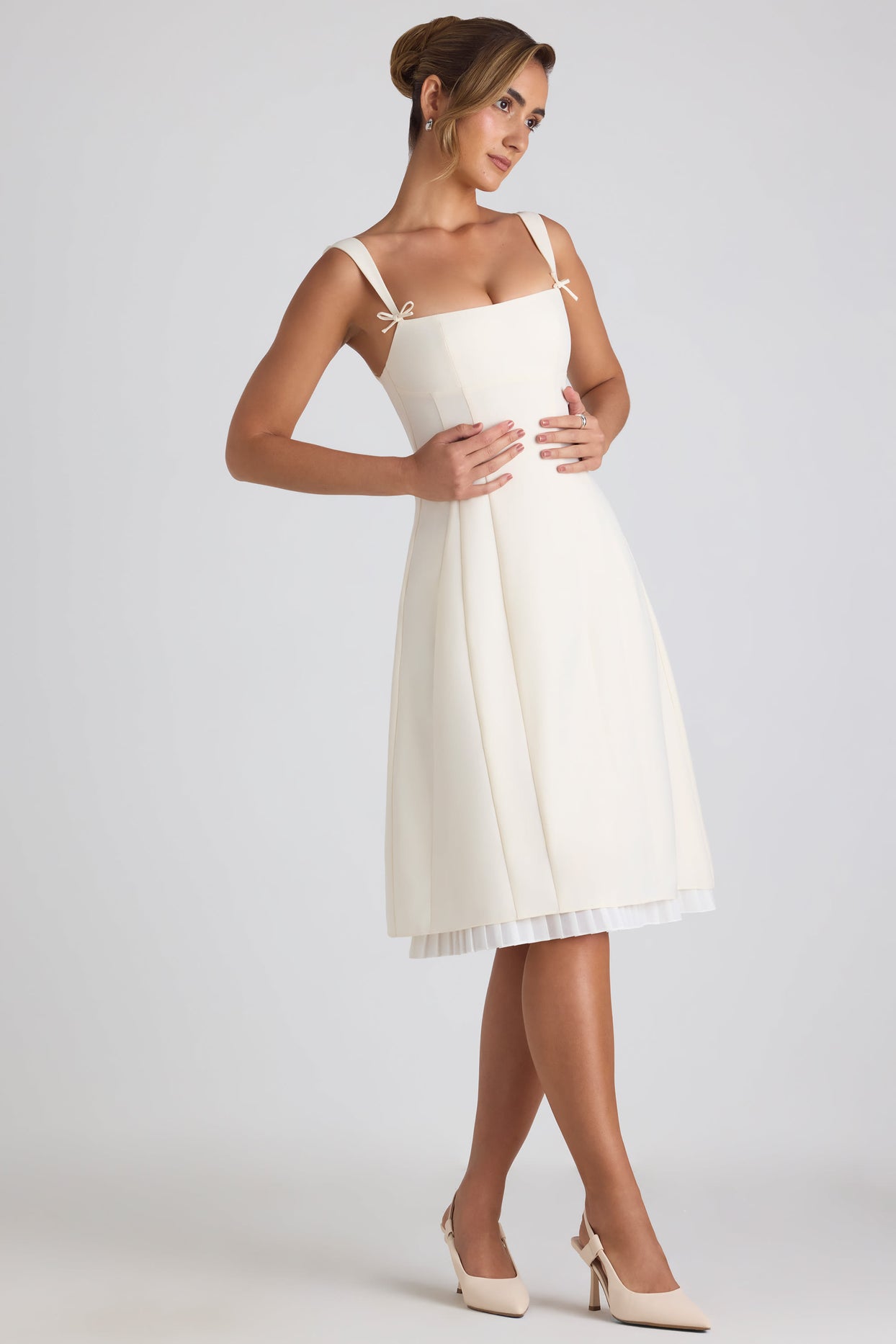 Bow-Detail Pleated A-Line Midi Dress in Ivory - 5