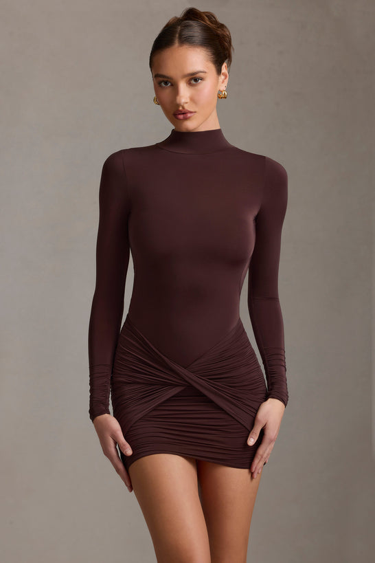 Ruched Backless Turtleneck Mini Dress in Chocolate Brown