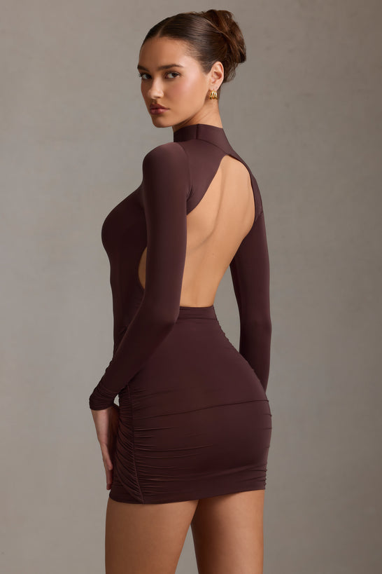 Ruched Backless Turtleneck Mini Dress in Chocolate Brown