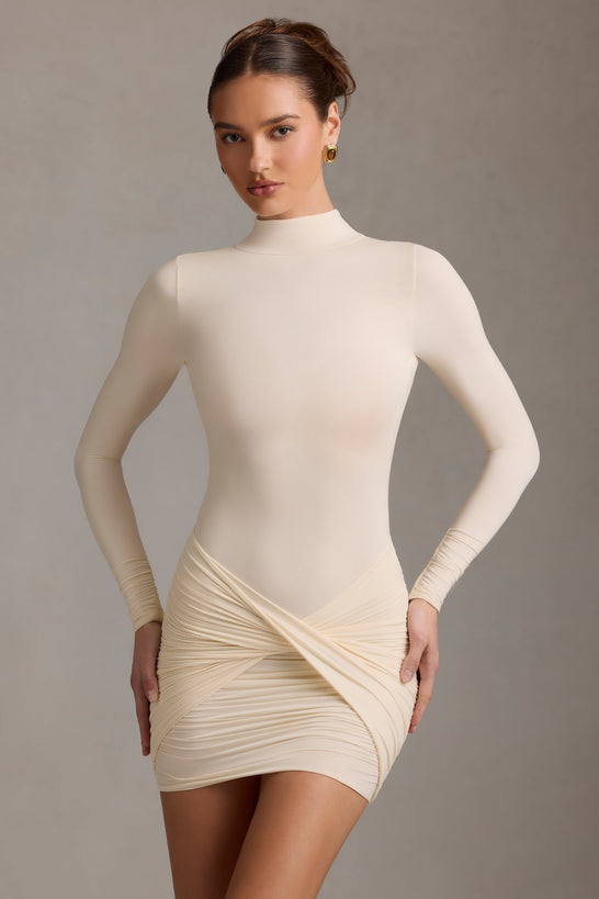 Ruched Backless Turtleneck Mini Dress in Ivory