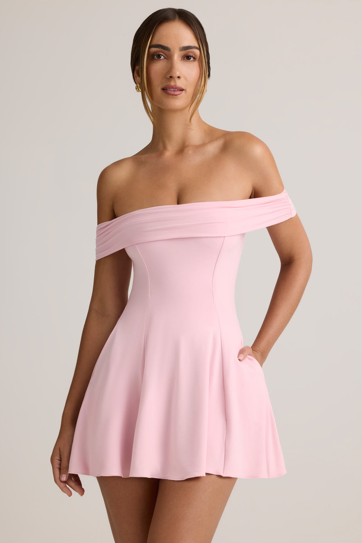 Modal Off-Shoulder A-Line Mini Dress in Baby Pink - 6