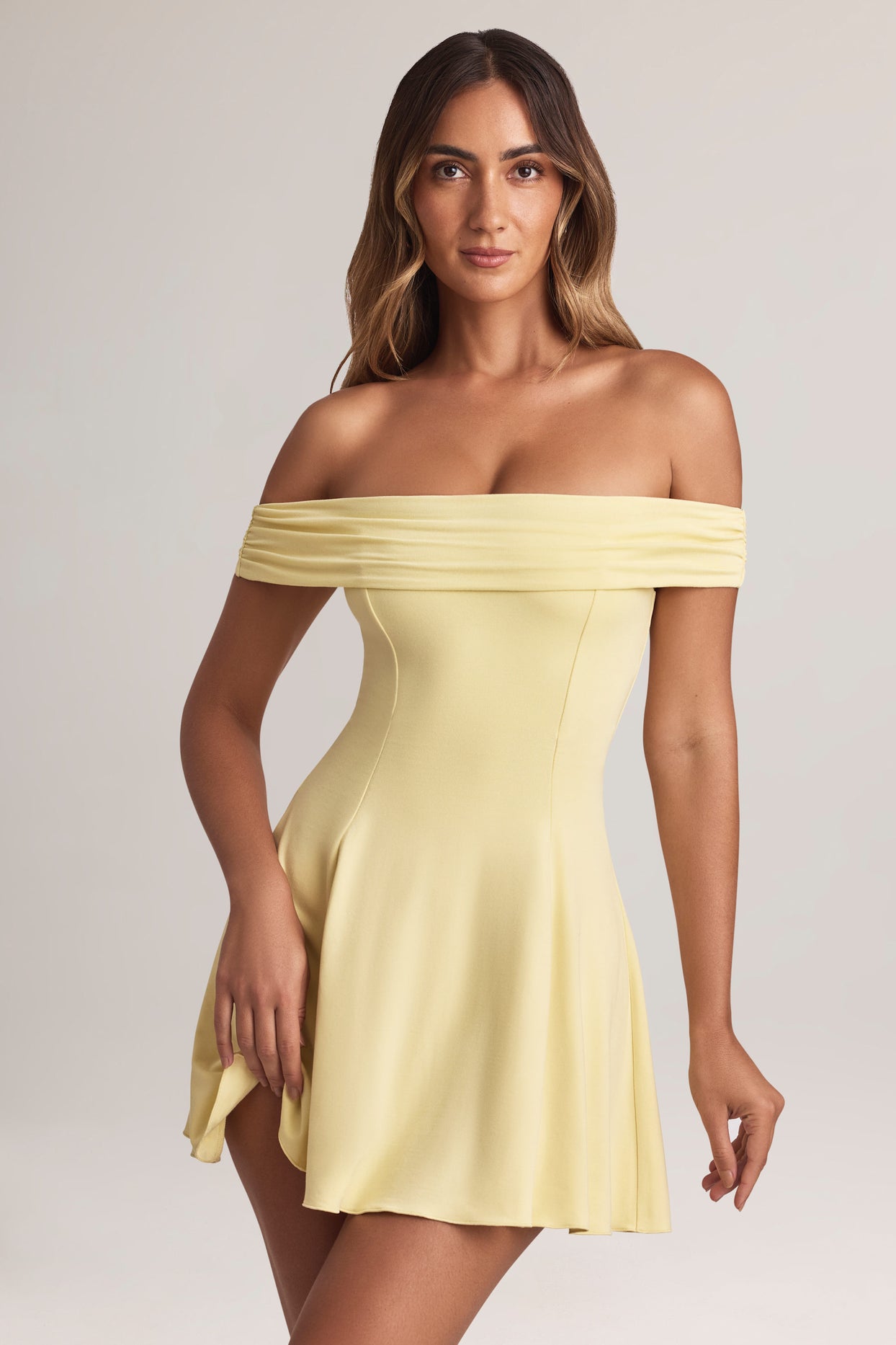 Modal Off-Shoulder A-Line Mini Dress in Lemon Sherbet - 8