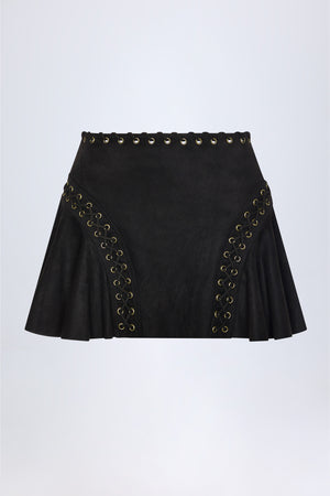 Lace-Up Mid-Rise Mini Skirt in Black
