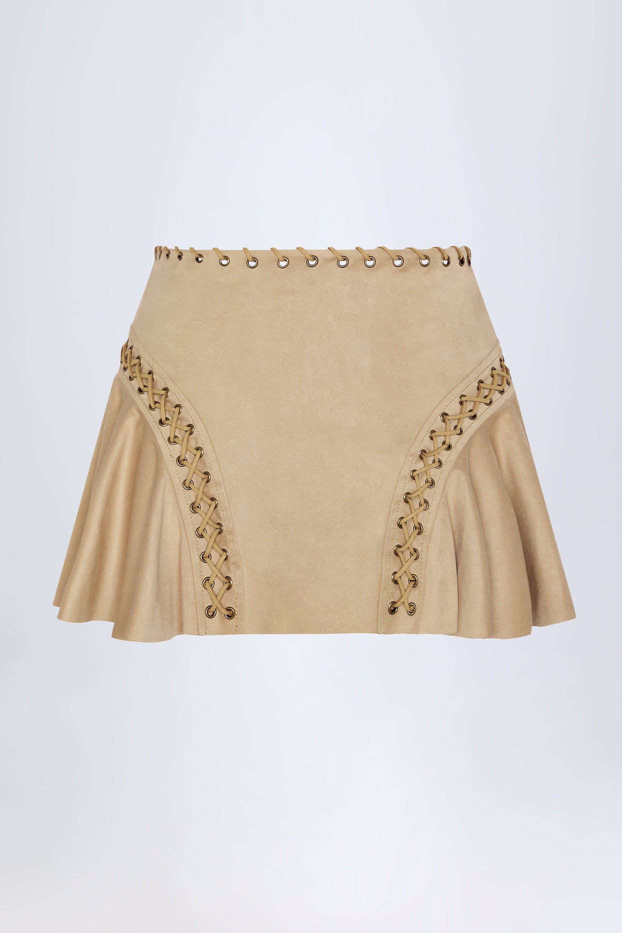 Lace-Up Mid-Rise Mini Skirt in Tan - 3