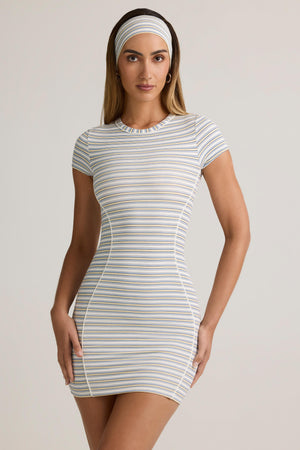 Modal Short-Sleeve Bodycon Mini Dress in Blue Yellow Stripe