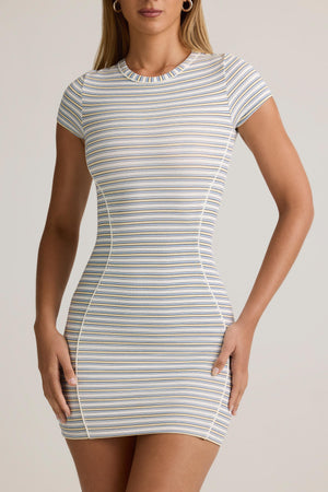 Modal Short-Sleeve Bodycon Mini Dress in Blue Yellow Stripe