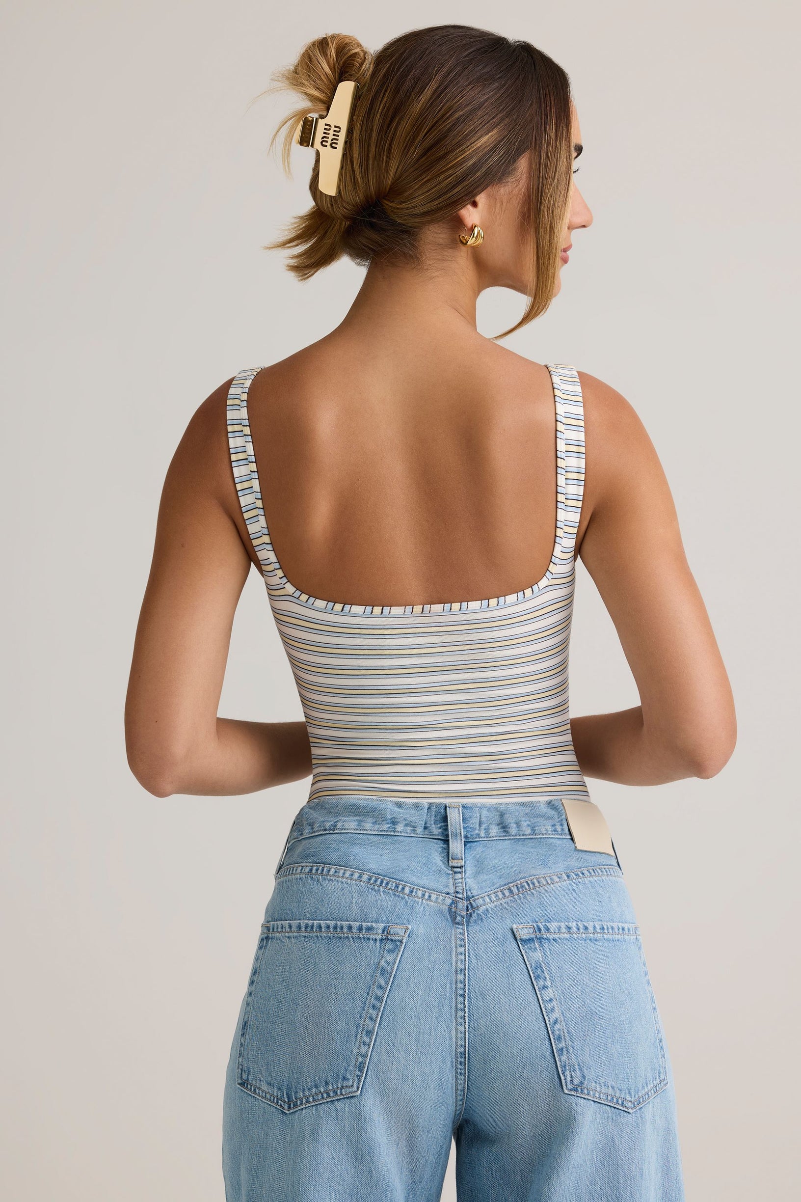 Modal Square-Neck Bodysuit in Blue Yellow Stripe - 2