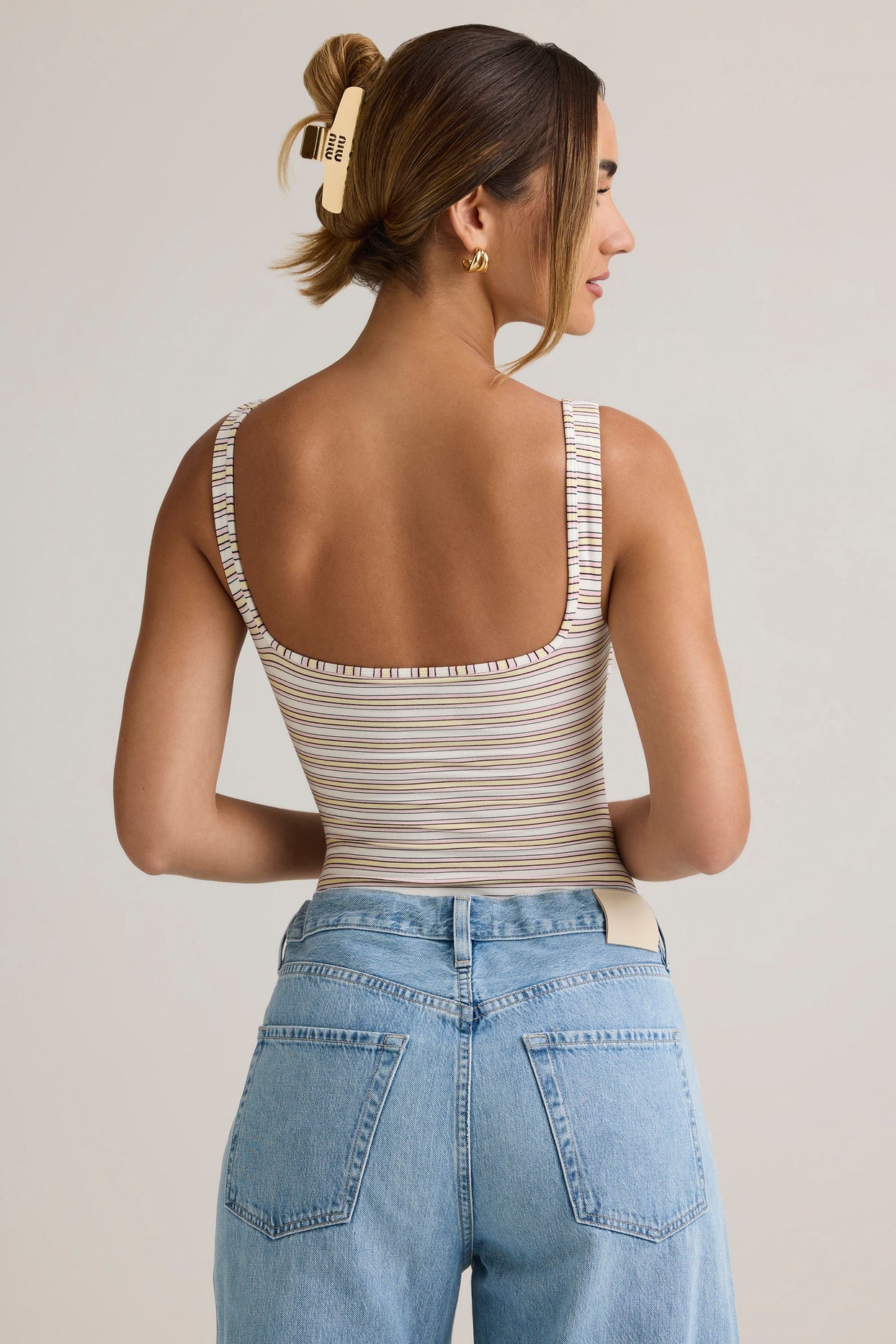 Modal Square-Neck Bodysuit in Pink Yellow Stripe - 2