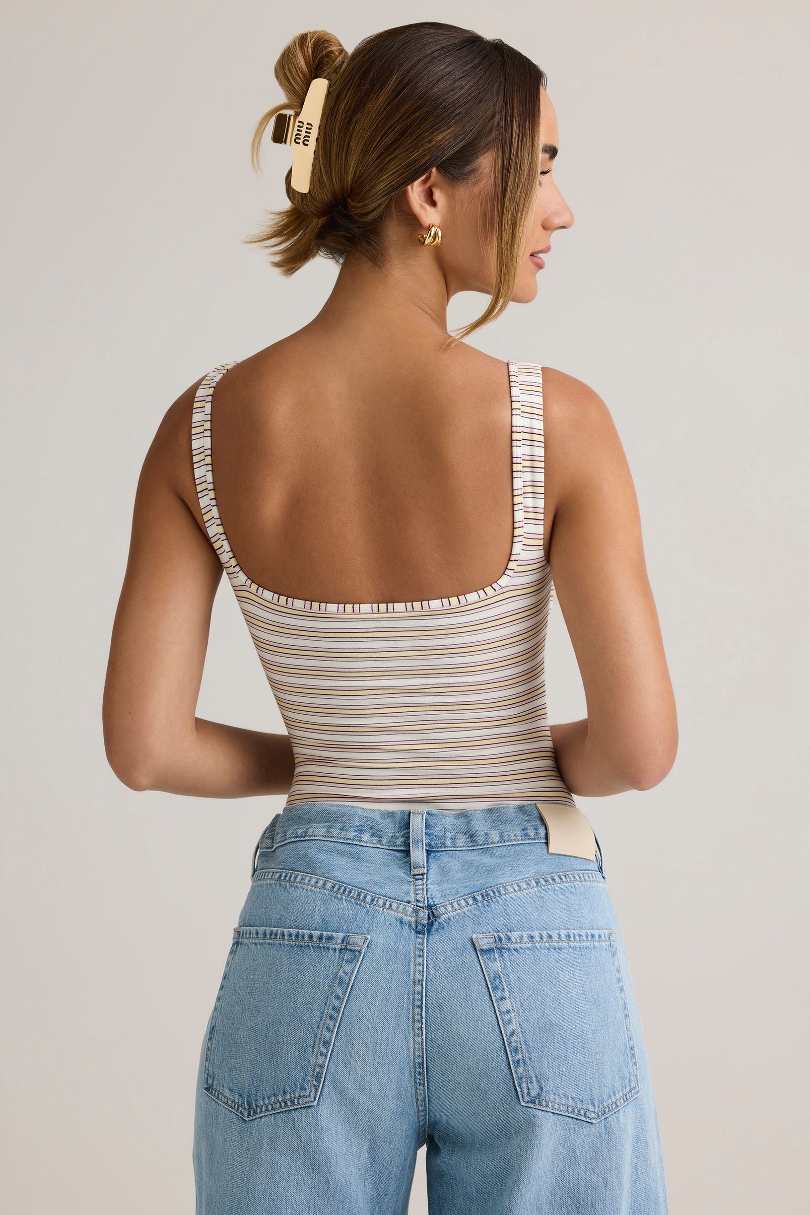 Modal Square-Neck Bodysuit in Pink Yellow Stripe - 2