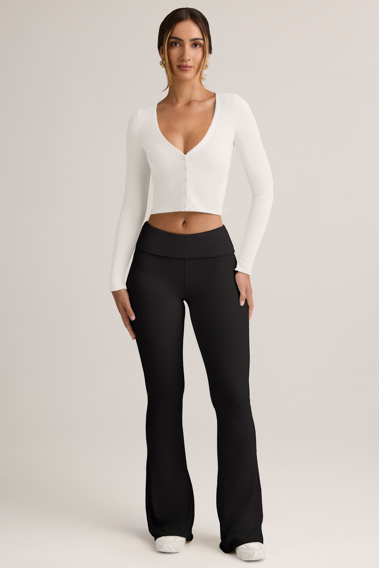 Modal Ribbed Foldover Flared Trousers in Black - 1