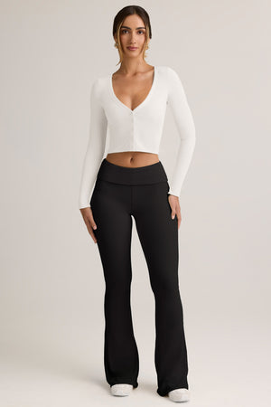 Modal Ribbed Foldover Flared Trousers in Black