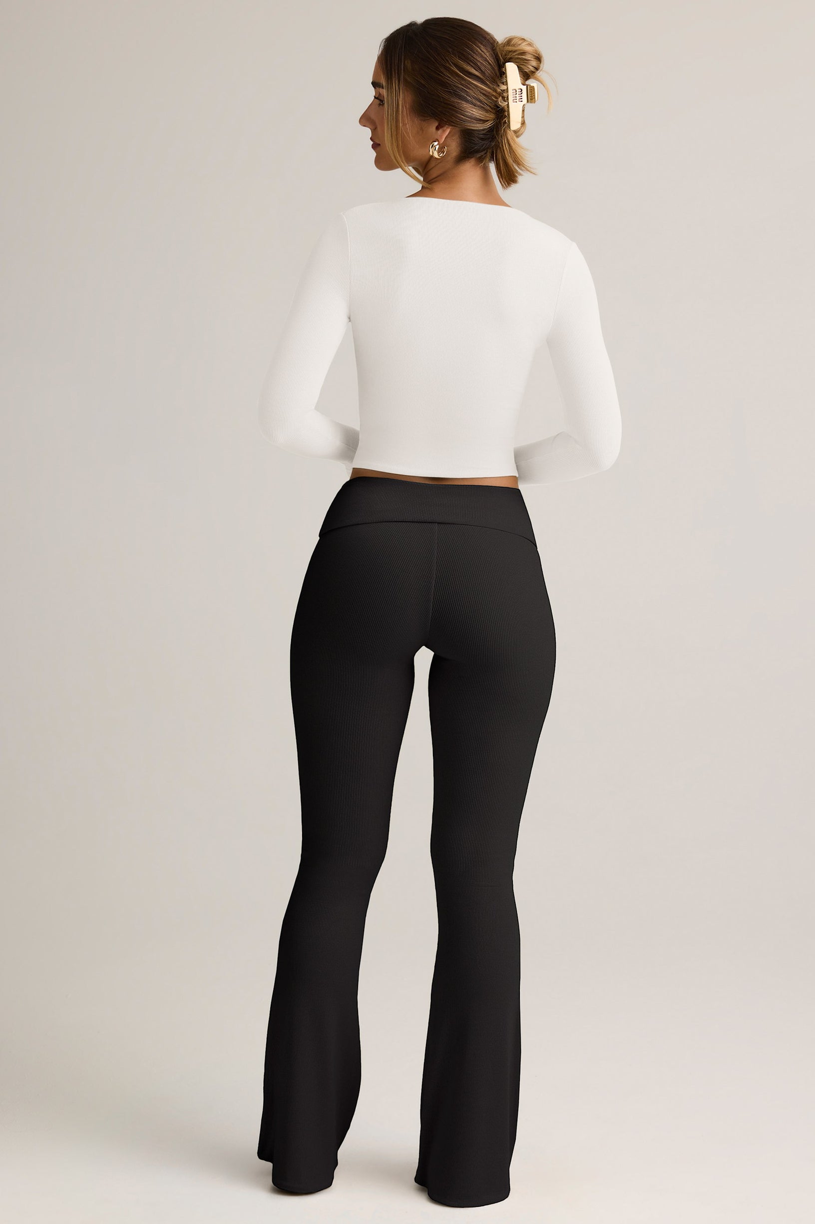Modal Ribbed Foldover Flared Trousers in Black - 2