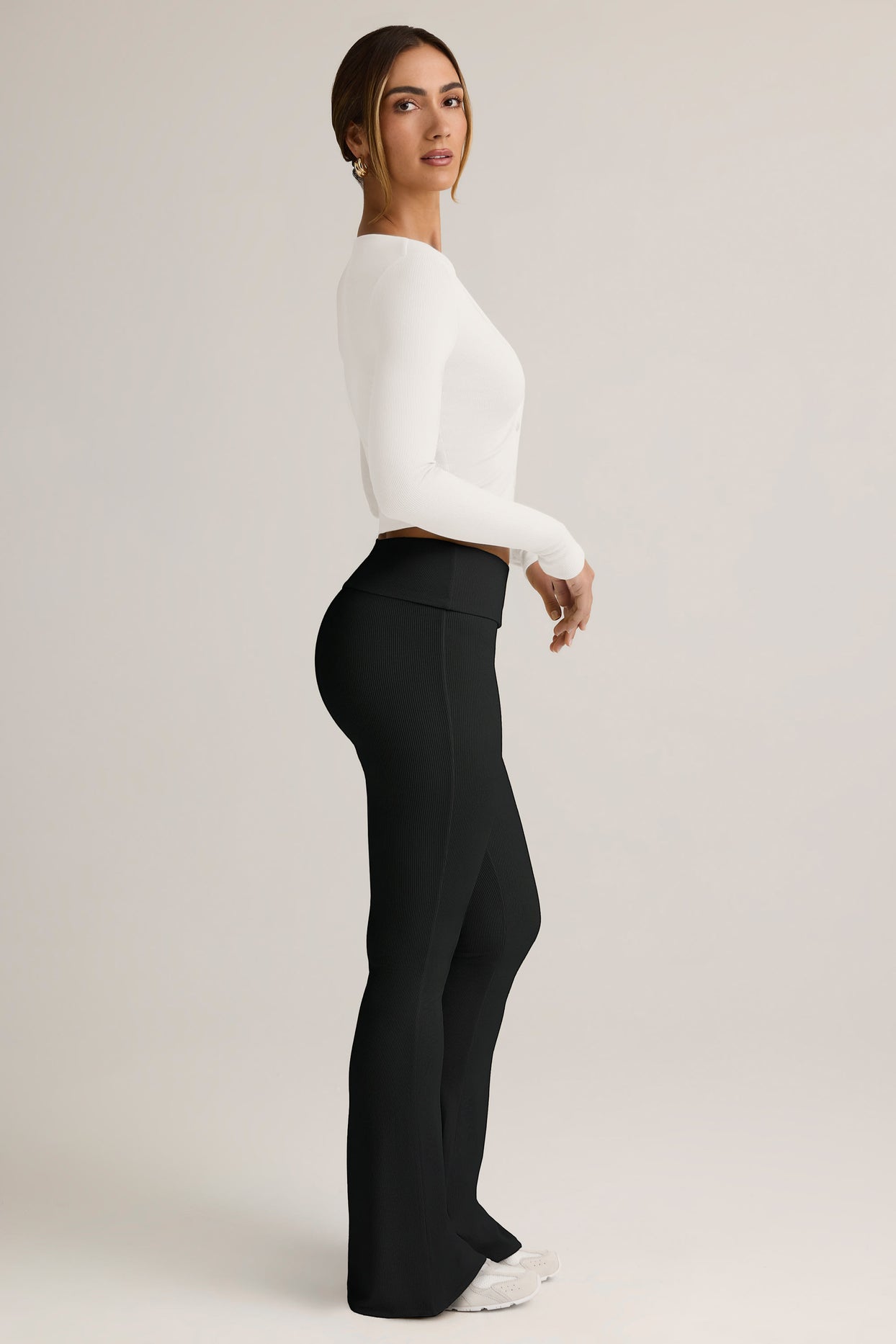 Modal Ribbed Foldover Flared Trousers in Black - 3