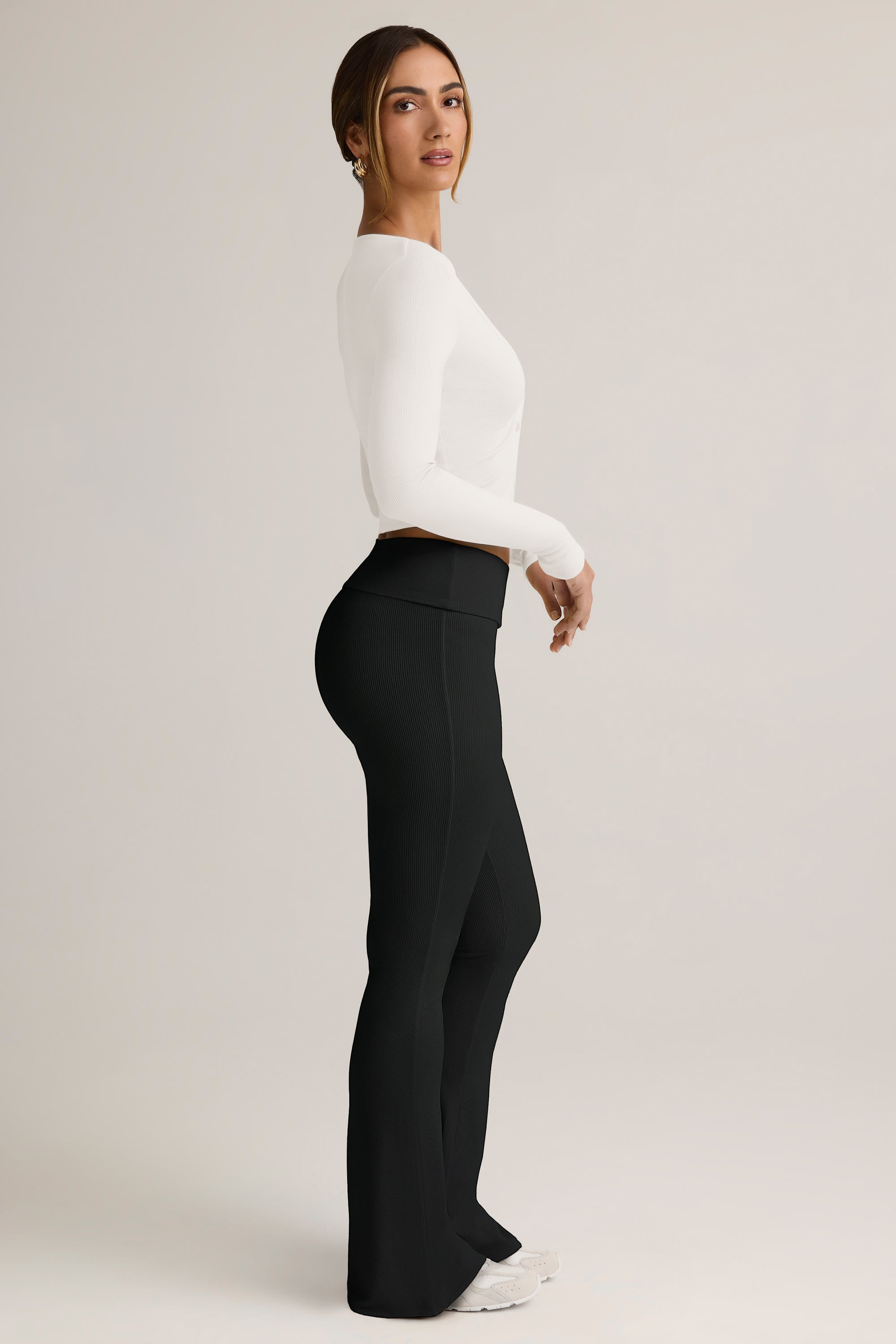 Modal Ribbed Foldover Flared Trousers in Black
