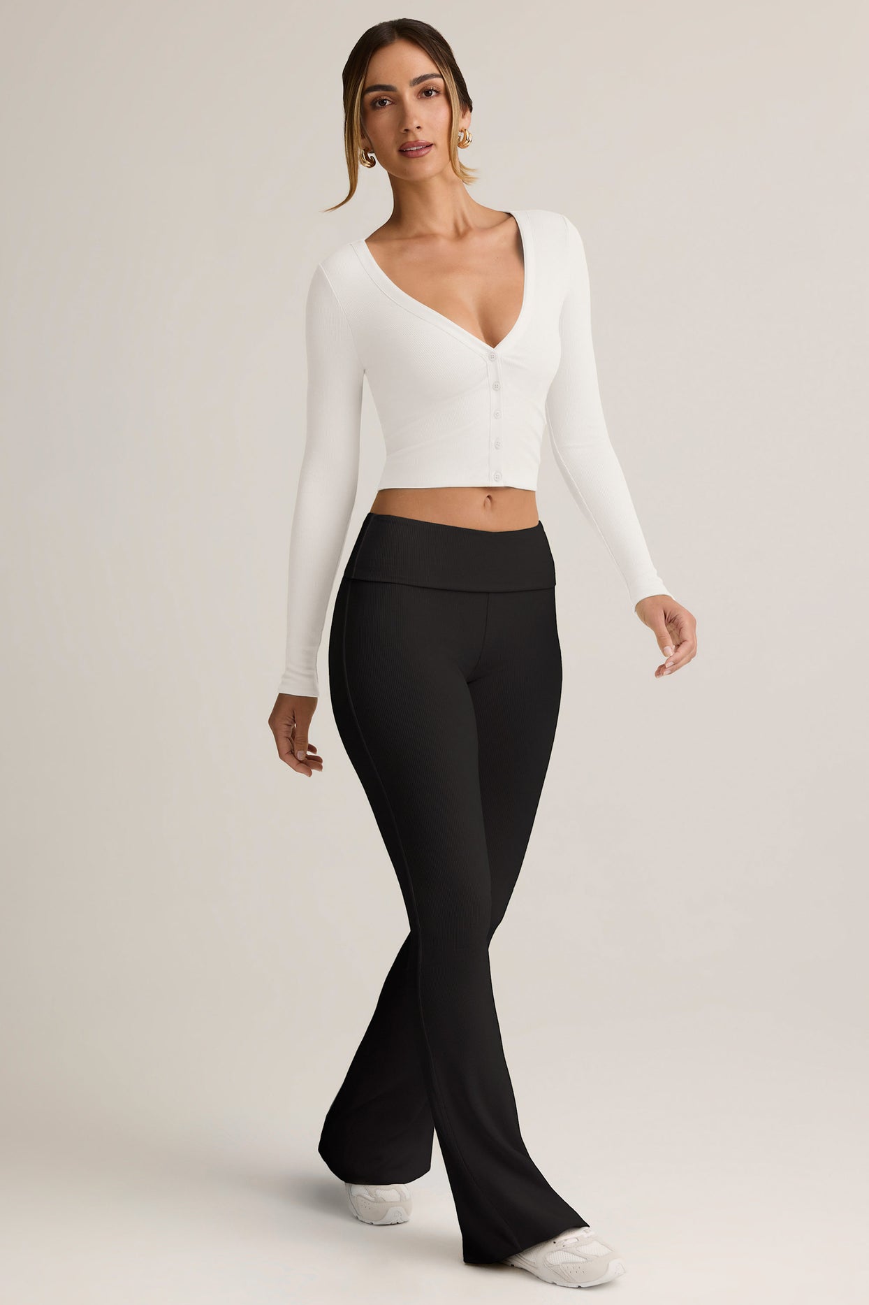 Modal Ribbed Foldover Flared Trousers in Black - 4