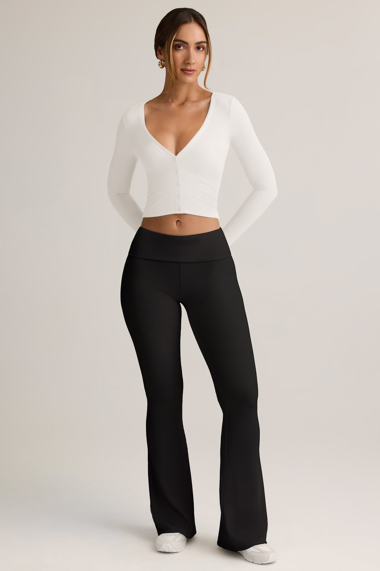 Modal Ribbed Foldover Flared Trousers in Black - 5