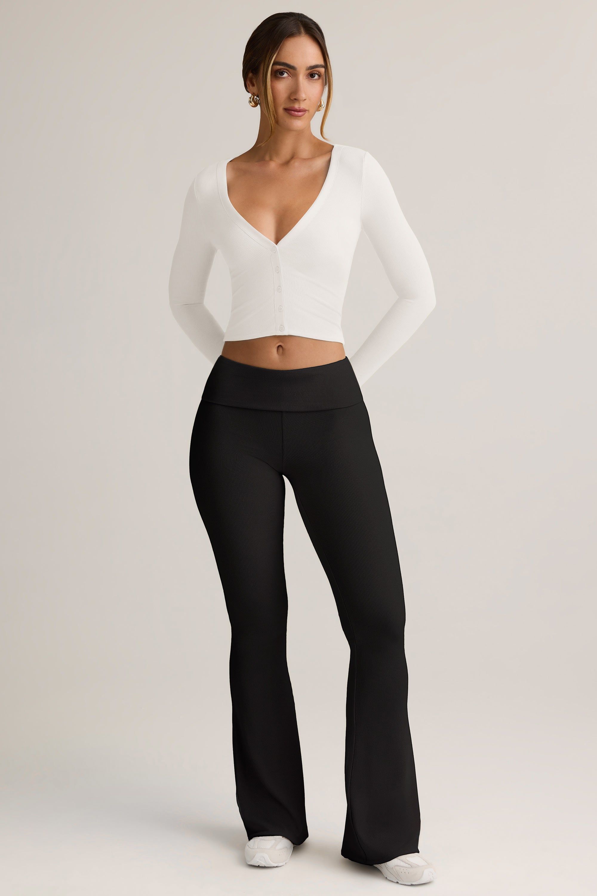 Modal Ribbed Foldover Flared Trousers in Black