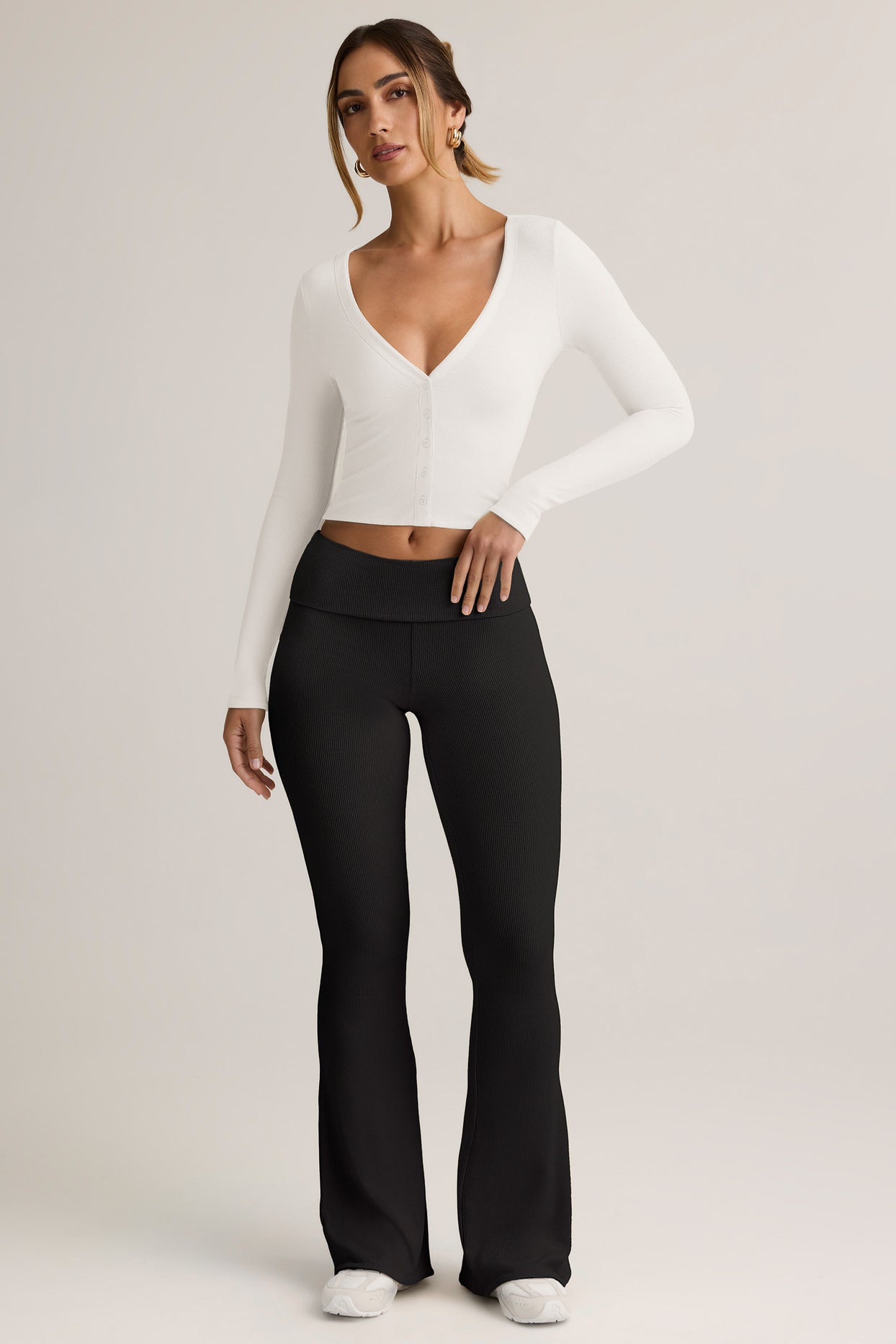 Modal Ribbed Foldover Flared Trousers in Black - 6