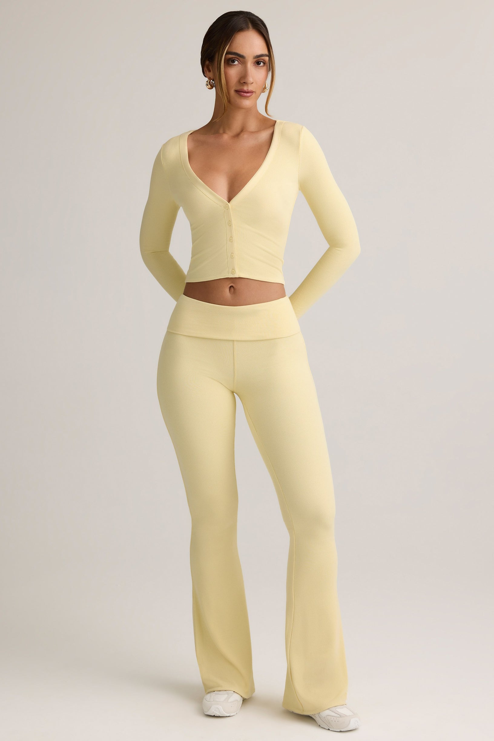 Modal Ribbed Foldover Flared Trousers in Buttercream Yellow - 1