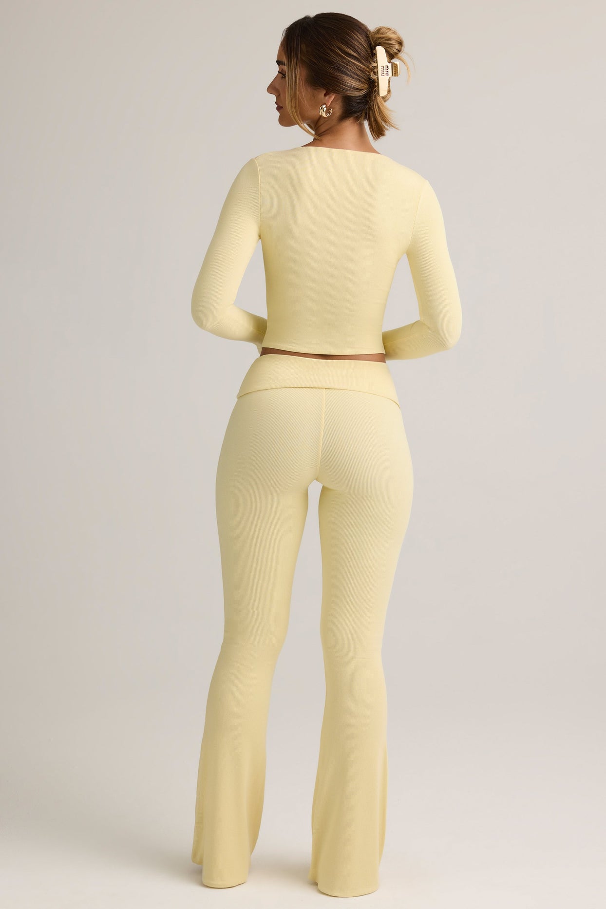 Modal Ribbed Foldover Flared Trousers in Buttercream Yellow - 2