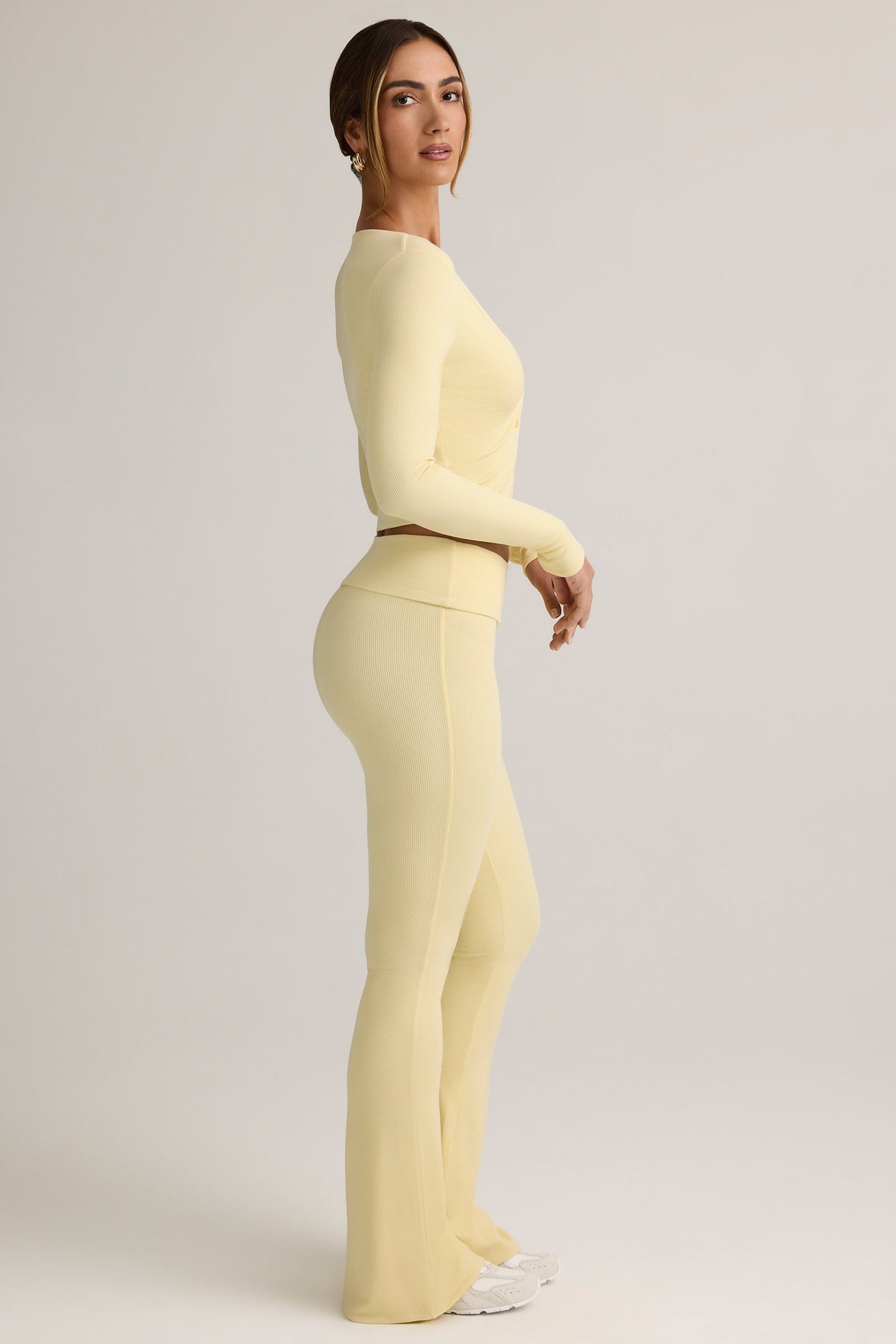Modal Ribbed Foldover Flared Trousers in Buttercream Yellow - 3