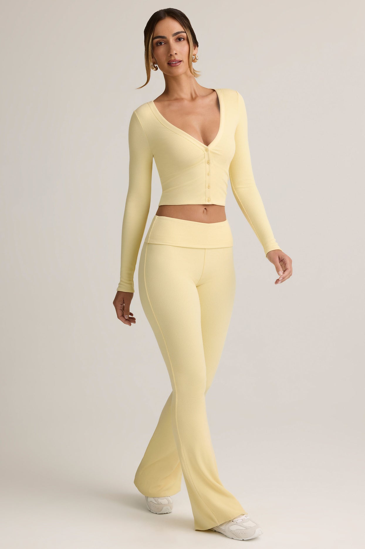 Modal Ribbed Foldover Flared Trousers in Buttercream Yellow - 4