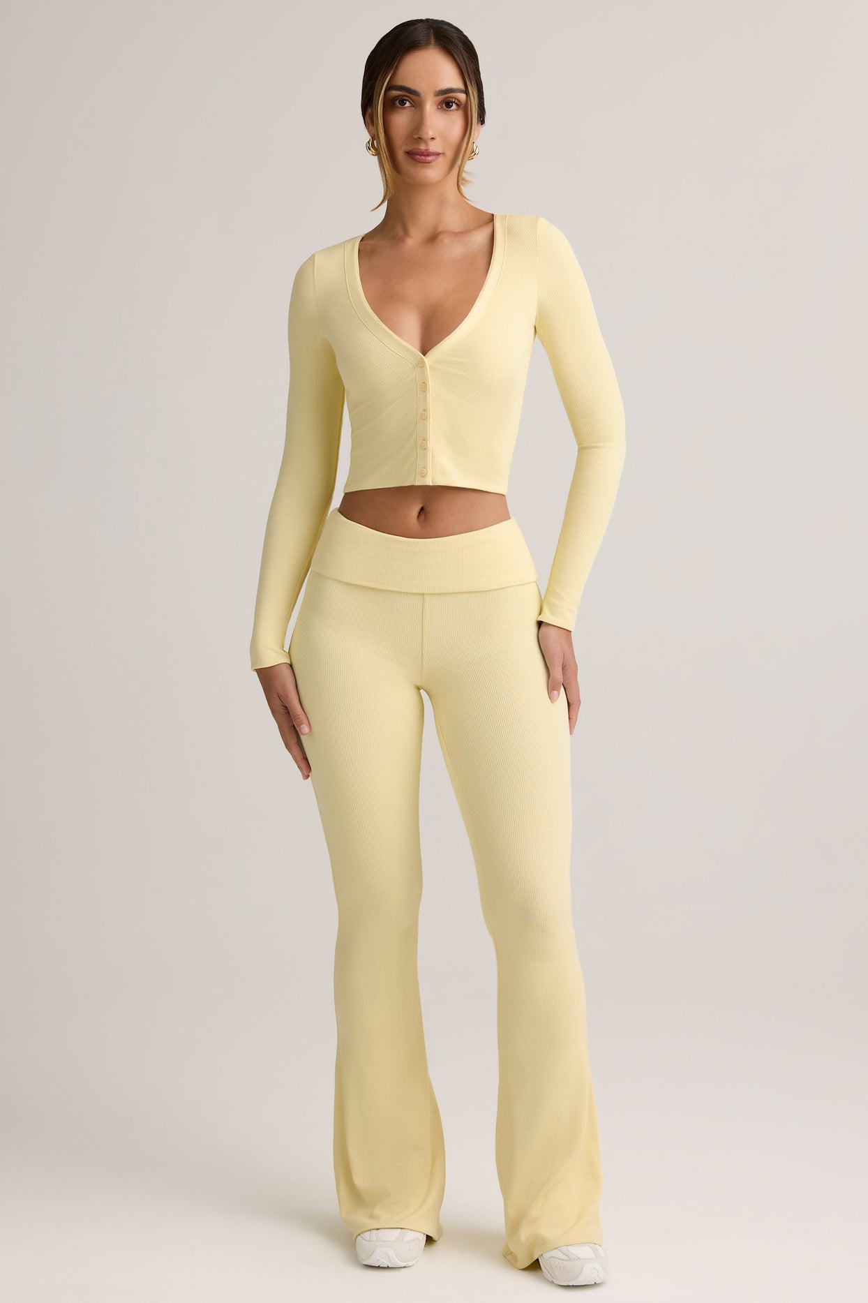Modal Ribbed Foldover Flared Trousers in Buttercream Yellow - 5