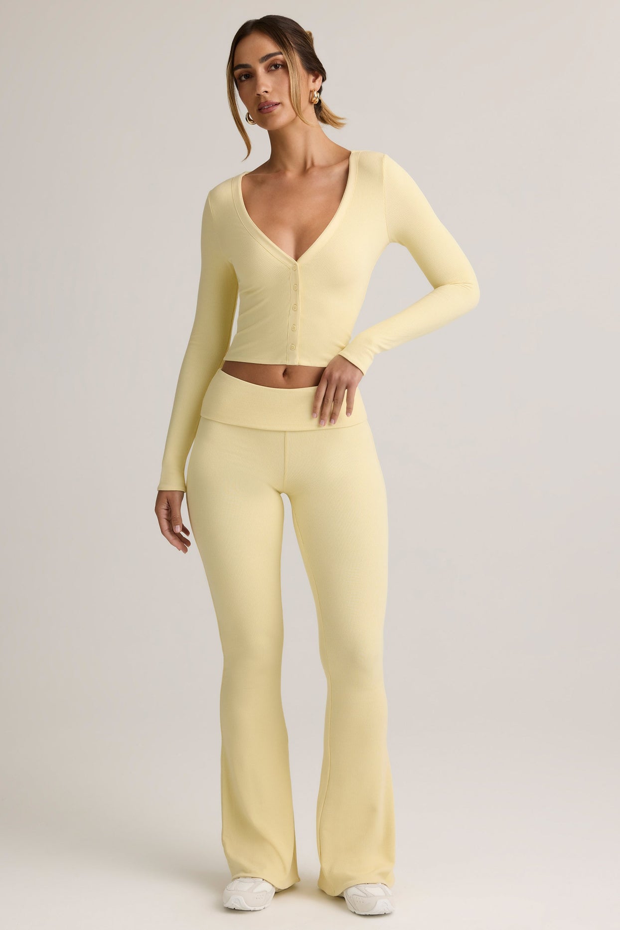 Modal Ribbed Foldover Flared Trousers in Buttercream Yellow - 6