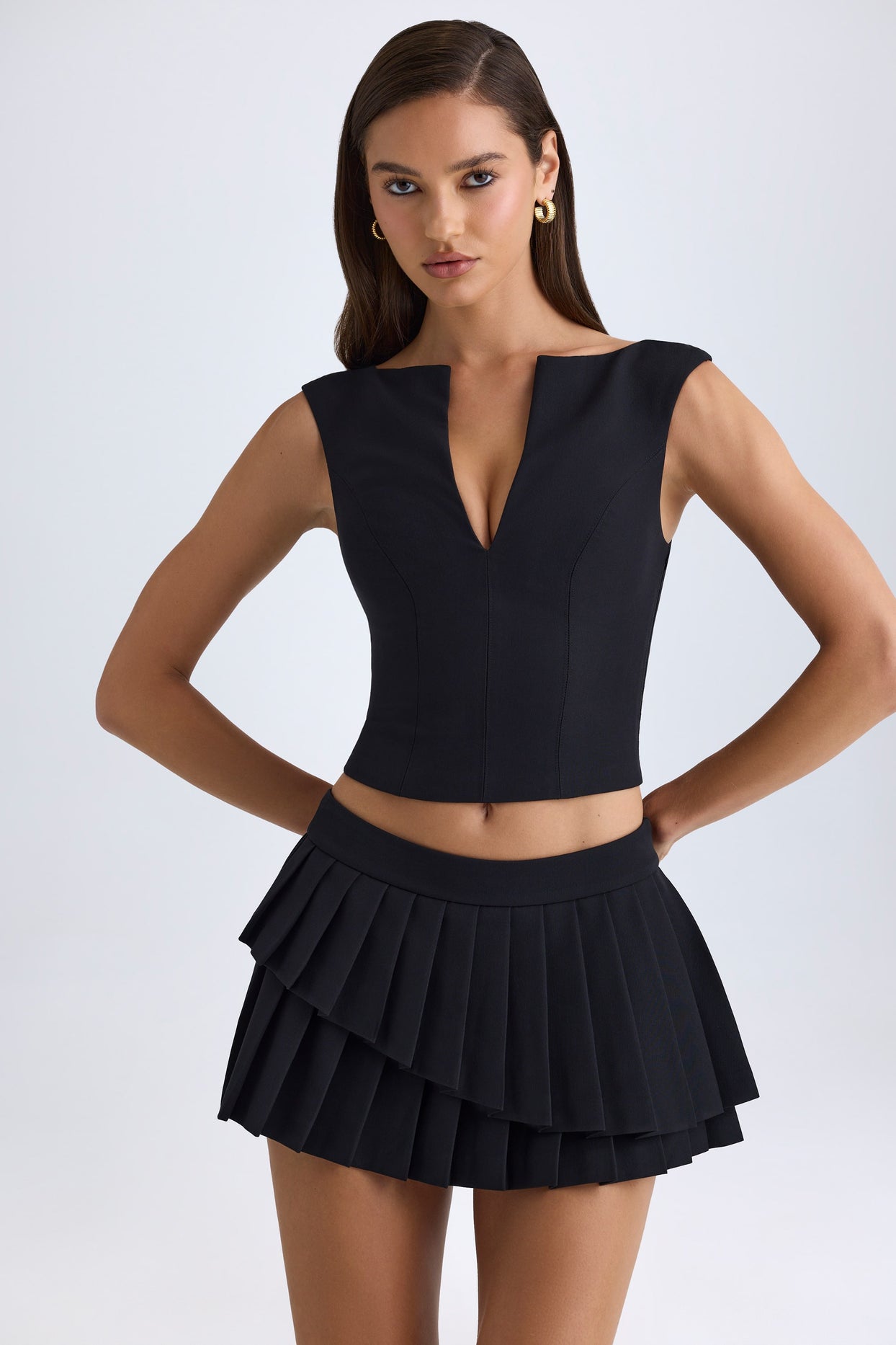 V-Neck Structured Crop Top in Black - 4